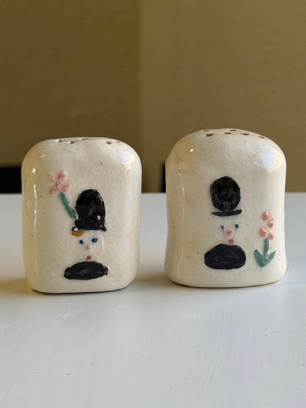 Vintage Ceramic Tombstone Salt & Pepper Shakers - Floral Gravestone Man & Woman